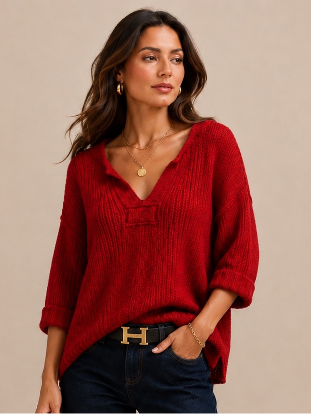 Miracle Red Textured Knit V-Neck Oversized Sweater Top